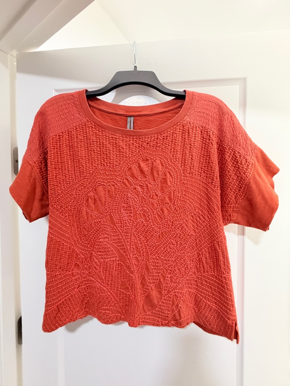Anthropologie Short-Sleeve Textured Knit Top in Terracotta